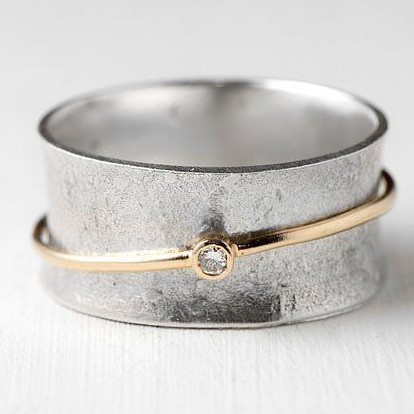 Vintage Gouden Lijn Zilveren Ring